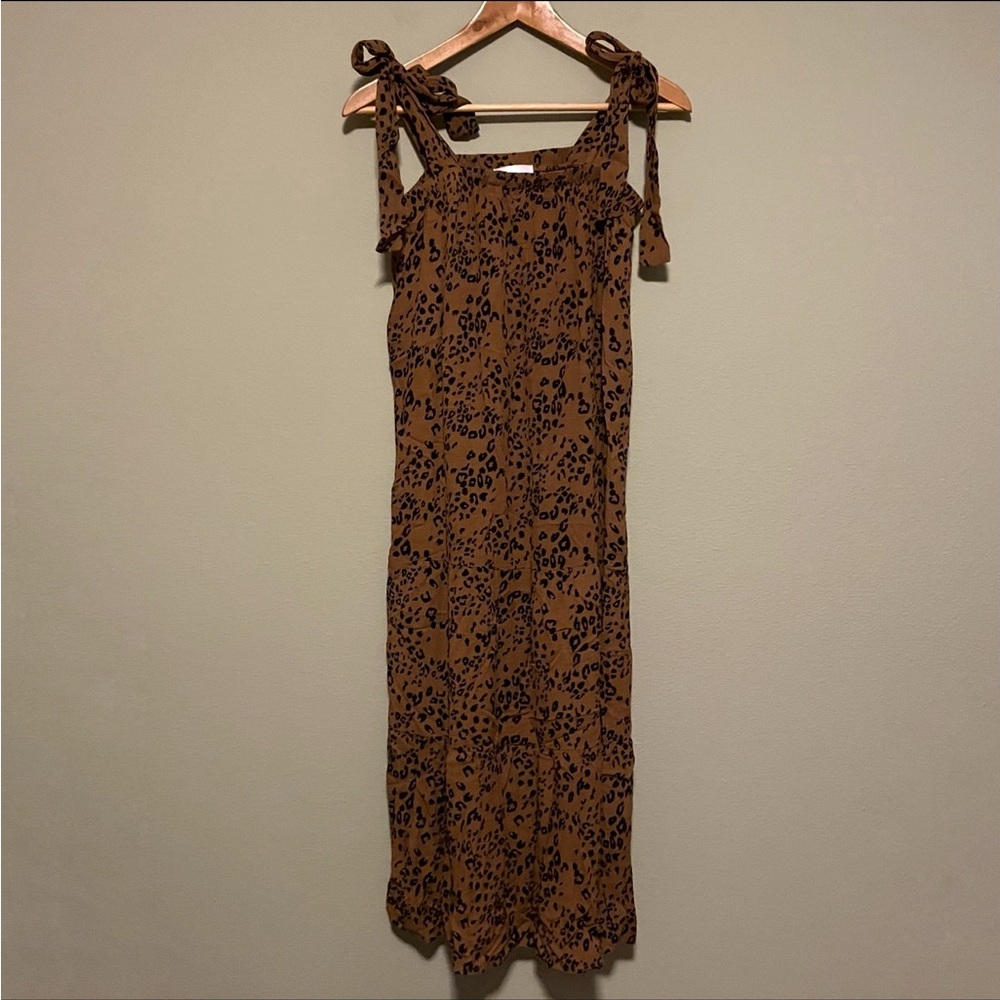 French Grey Leopard Print Brown Midi Dress - Size Small